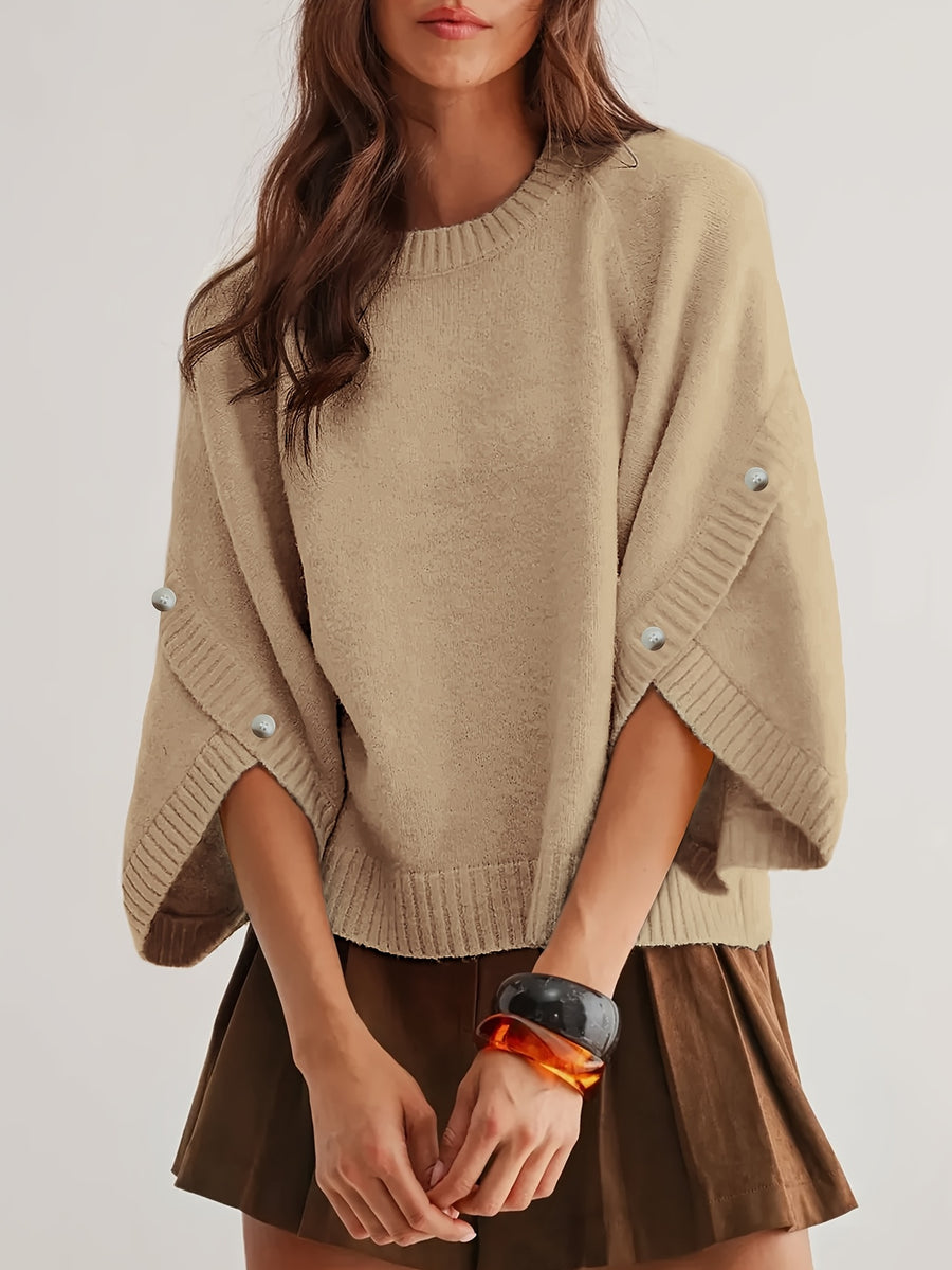 Women'S Round Neck Batwing Sleeve Pullover Sweater, Autumn Casual Regular Soft Solid Short Length 3/4 Sleeve Top, Side Slit Button Detail Daily Commute Base Layer (Prefer Loose Fit, Recommended Size Up) - Light Camel