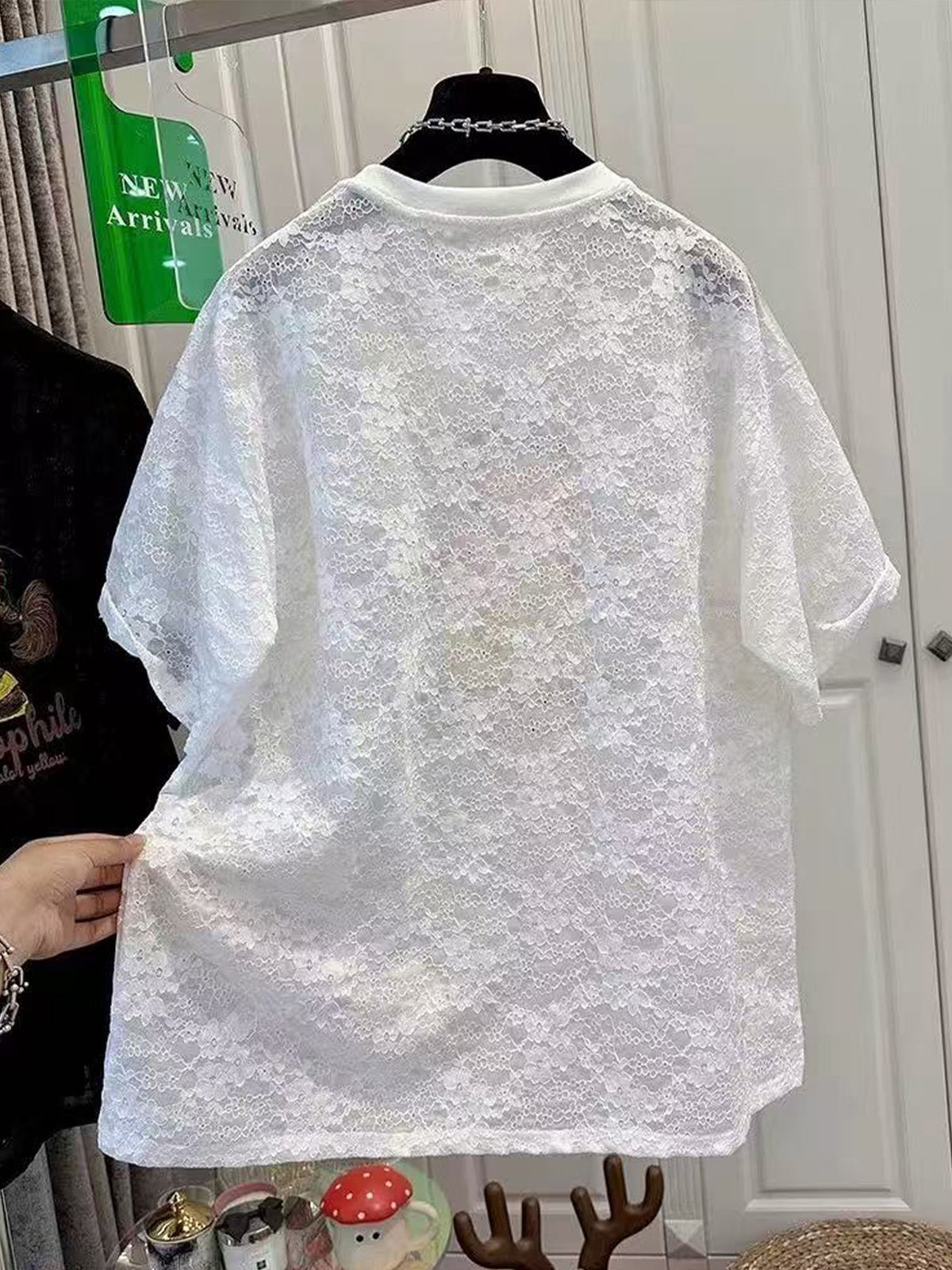 Trendy Spring/Summer Casual Street Sweatshirt, Sexy Preppy Style Round Neck Loose Number Print Lace Style Women'S T-Shirt - White