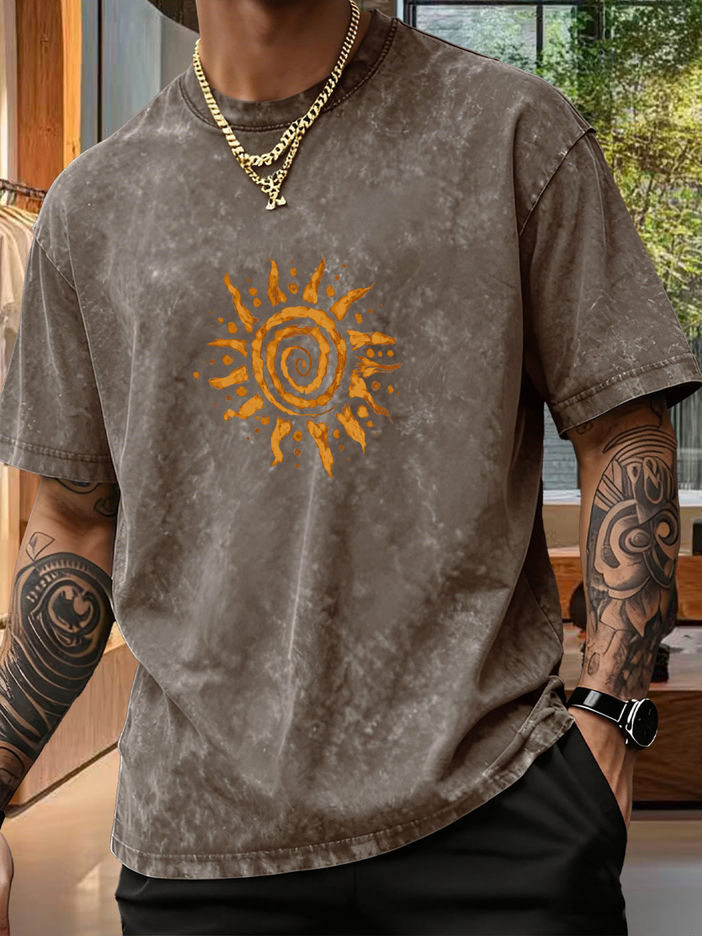 Men's Short-Sleeve T-Shirt, Pure Loose Fit Top, Trendy Reversible Double-Sided Swirl Sun Print, 12 Colors for  Mix & Match, Washed Distressed American Street Style, Versatile for Daily Outings, Streetwear, Sports, Fitness, and Commuting - Brown