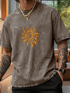 Men's Short-Sleeve T-Shirt, Pure Loose Fit Top, Trendy Reversible Double-Sided Swirl Sun Print, 12 Colors for  Mix & Match, Washed Distressed American Street Style, Versatile for Daily Outings, Streetwear, Sports, Fitness, and Commuting - Brown