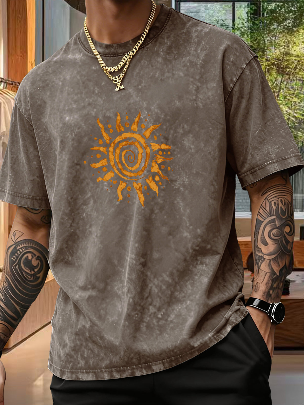 Men's Short-Sleeve T-Shirt, Pure Loose Fit Top, Trendy Reversible Double-Sided Swirl Sun Print, 12 Colors for  Mix & Match, Washed Distressed American Street Style, Versatile for Daily Outings, Streetwear, Sports, Fitness, and Commuting - Brown