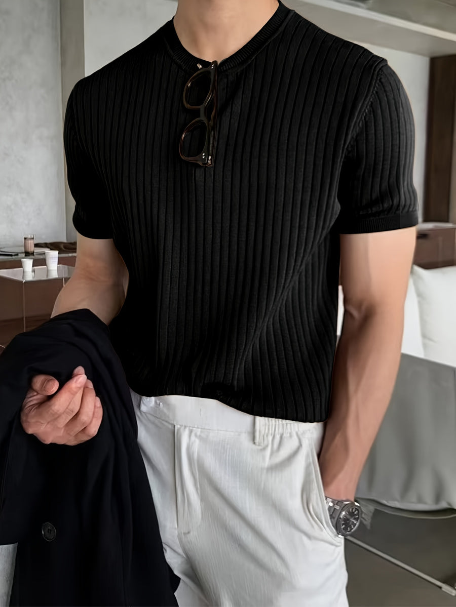 -Border New Men'S Small Pothole Striped Short-Sleeve Knit Sweater - Black