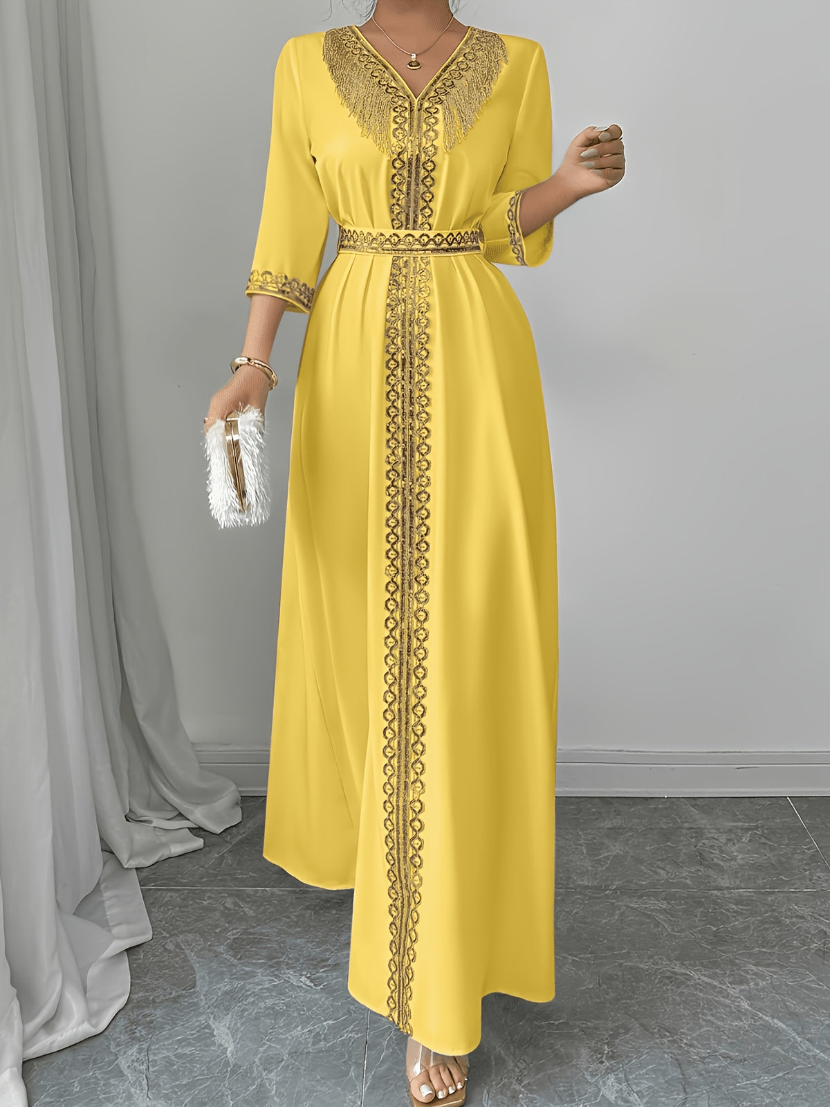 2026 New Abaya Robe Style Kimono Sleeve Long Dress V-Neck Caftan Robe Wrap Style Front Panel High Waist Empire Line Floor Length Dress Golden Lace Trim Sequined Embroidery Golden Bead Trim Golden Contrast Ruffle Tie Waist Skirt Muslim Fashion Arabic - Yellow