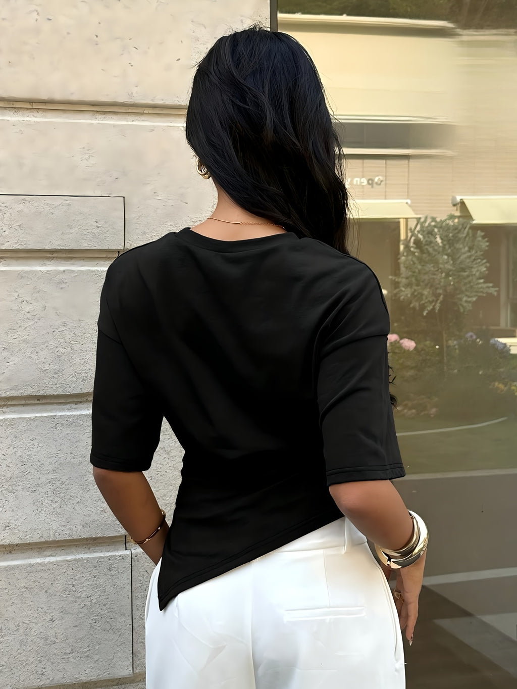 Women'S Casual Summer T-Shirt, Round Neck Mid-Waist Irregular Hem Versatile Commuter Style Women'S Top, Round Neck Short Sleeve Design, Waist Ruched Irregular Hem, Waist-Cinching Fit, Easy Commuter Style, Waist-Defining Design - Black