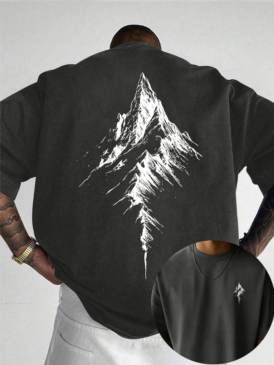 Men's 100% Pure Cotton T-Shirt, Minimalist Mountain Print, Soft and Breathable, Suitable for All Seasons, for Daily Casual and Commuting Wear - Dark Gray