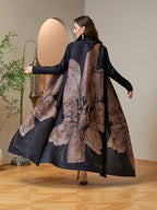 Women'S Modest Black Floral Print Pleated Abaya Open Front Long Cardigan with Belt Dubai Arab Kimono Duster Coat High Quality Plisse Loose Robe Outerwear Banquet Party Evening Wear - Black