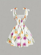 Bow Strap Floral Print Dress - Mixed colors