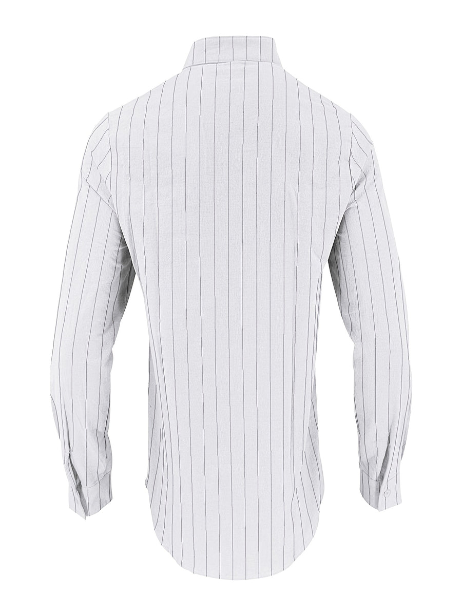 Men's Linen Long-Sleeve Striped Shirt for Spring, Autumn, and Summer, Suitable for Casual, Commuting, and Outings - White