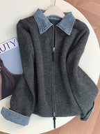 New Autumn/Winter Women's Fashion: Elegant and Stylish Denim Collar Patchwork Zipper Cardigan Sweater Jacket - Grey
