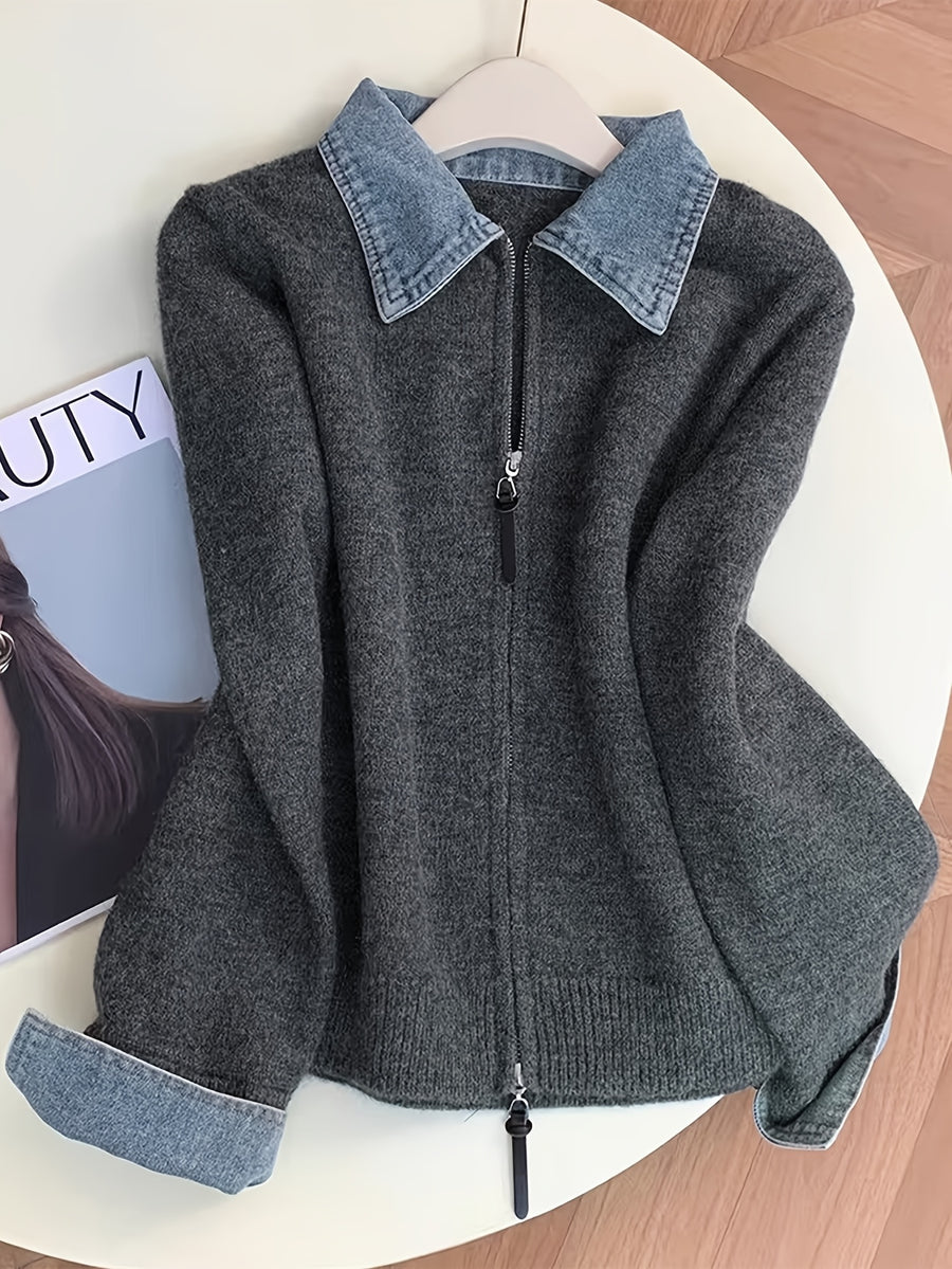 New Autumn/Winter Women's Fashion: Elegant and Stylish Denim Collar Patchwork Zipper Cardigan Sweater Jacket - Grey