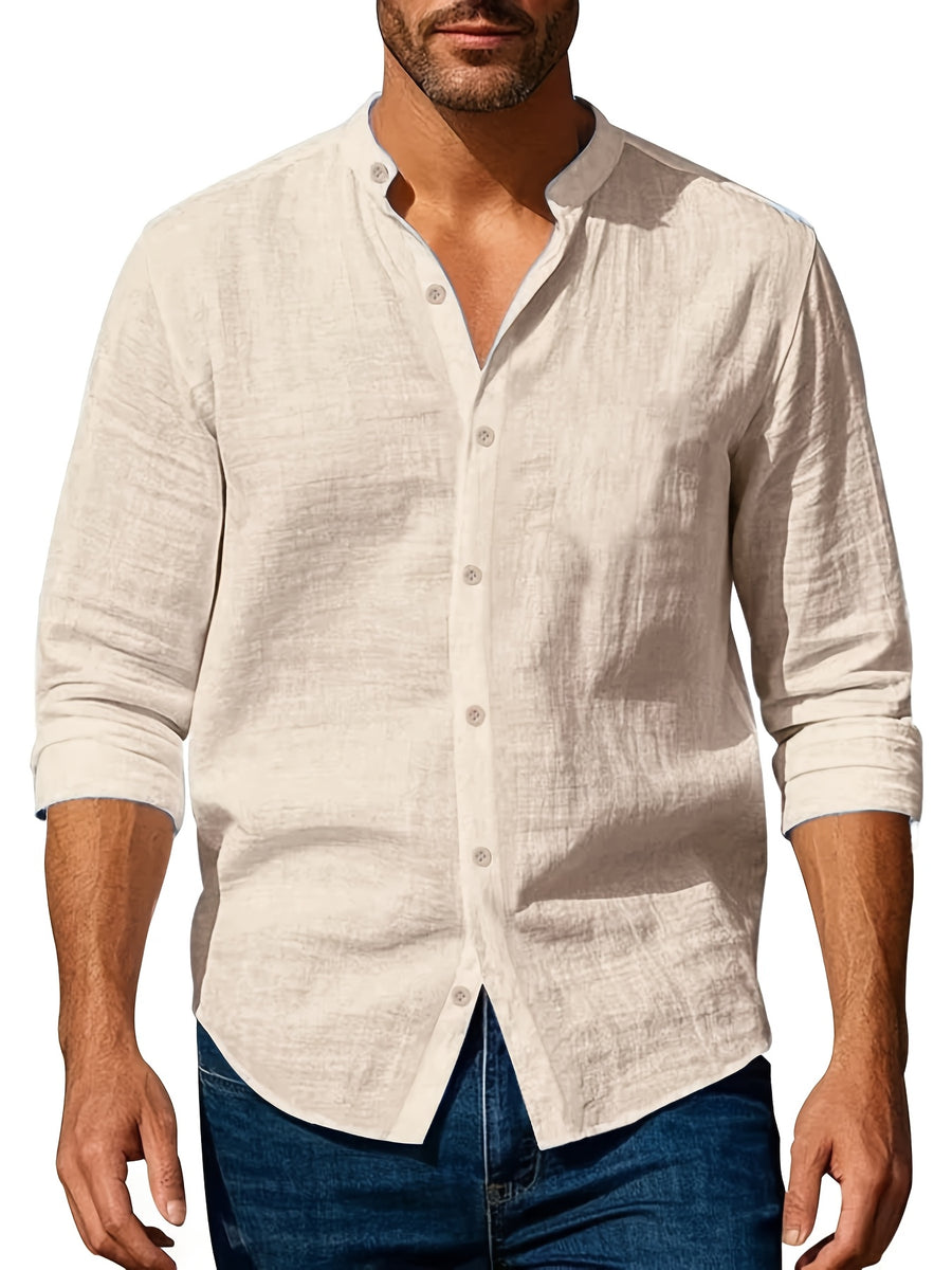 Men'S Casual Shirt Spring Summer Solid Color Dress Shirt Stand Collar Casual Lightweight Shirt Men'S Top - Khaki