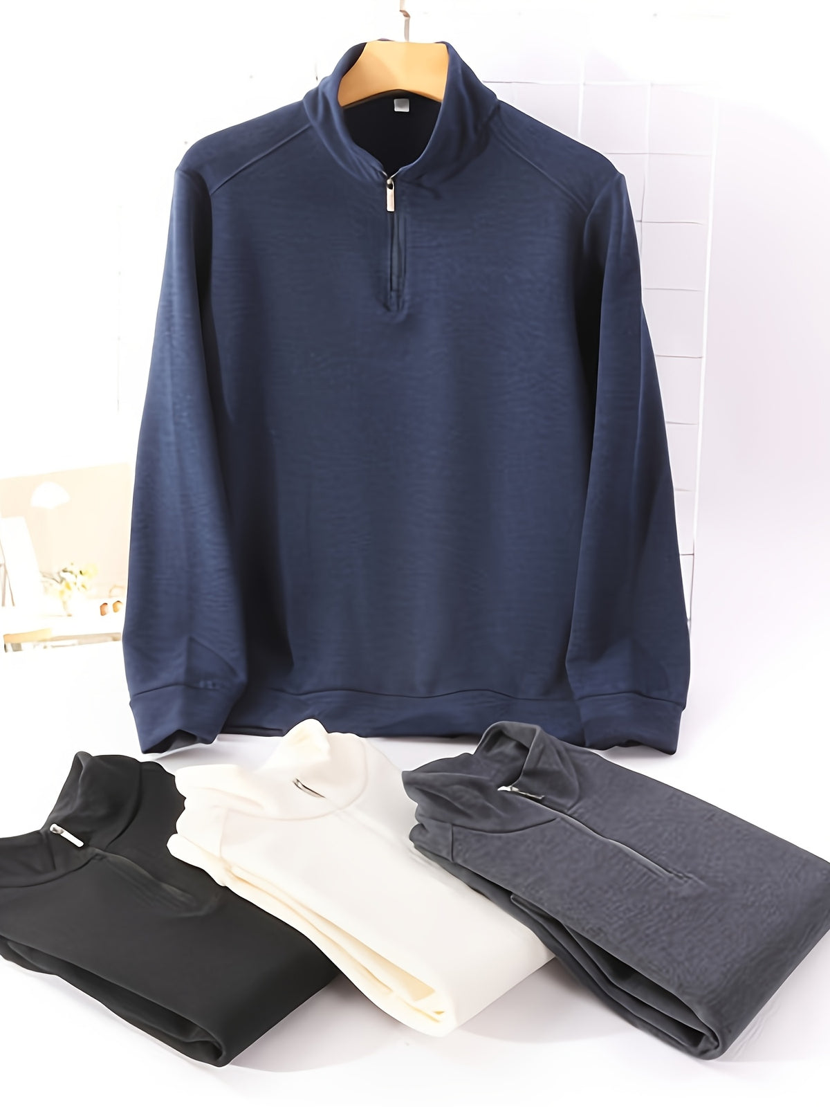 Men'S Half-Zip Stand Collar Knit Sweater, Semi-Open Zipper Placket Ribbed Hem, Business Casual Spring Autumn Regular Fit for Commute And Daily Wear - Navy Color