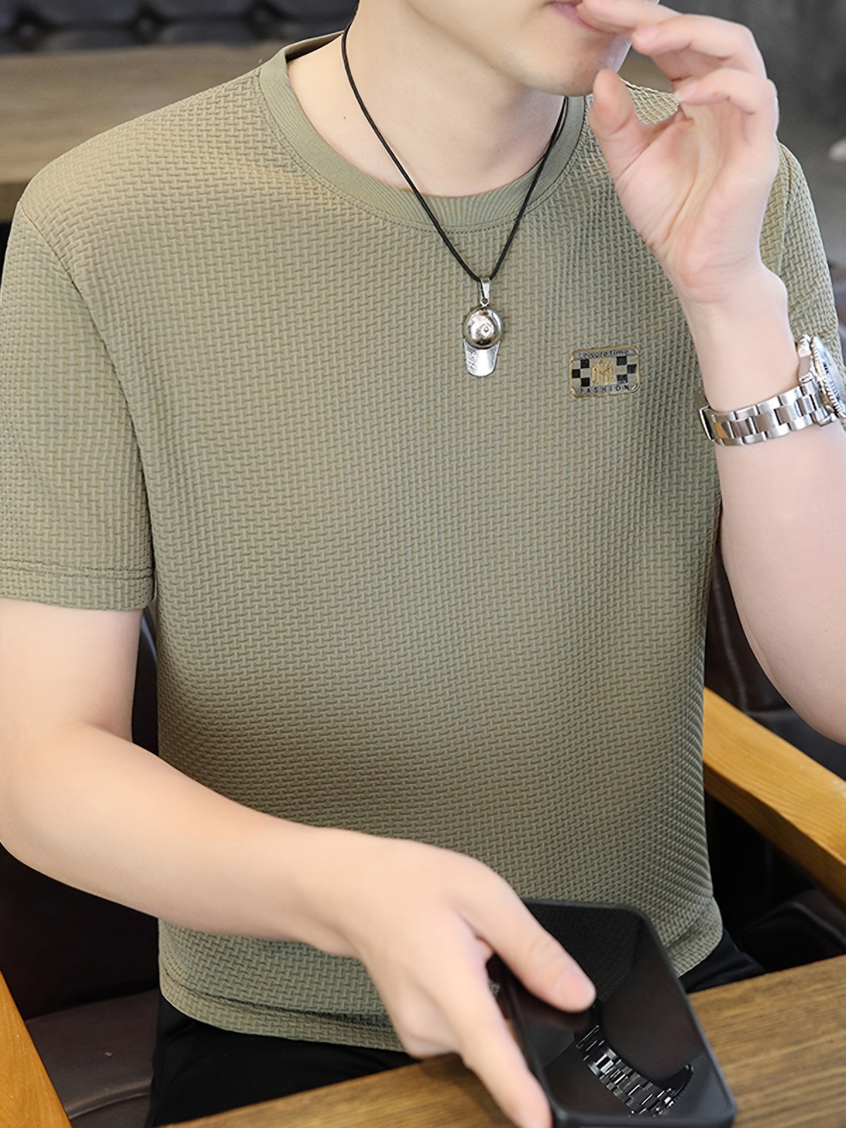 3pcs Men's Waffle Henley Shirts, Spring/Summer Crew Neck Breathable Checkered Short Sleeve T-Shirts, Casual Commuter Loose Fit Basic Base Layers, Chest Letter Logo Decoration, Everyday Versatile Men's 3pcs Top Set - Khaki+white+black