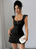 Women'S Vintage Ruffled Hem Fitted A-Line Dress, Elegant Sexy French Waist-Cinching Tight Summer Dress - Black