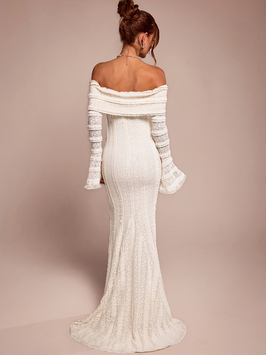 European Women's Fashion Cold Shoulder Tea Break Dress, Sweet and Elegant Off-Shoulder Long Sleeve Date Wear, 3D Floral Lace Gown, Suitable for Valentine's Day, Wedding Season, Parties and Evening Events - Milky
