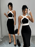Fashion Women Contrast Color Crisscross Halter Neck Midi Dress, Chic Sleeveless Backless Bodycon Pencil Dress, Elegant Fitted Black White Dress for Wedding Guest Evening Club Business Outfit - Black