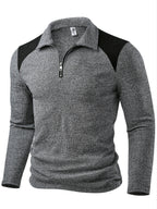 Men's Fashion Top, Autumn/Winter Outdoor Casual Textured Ribbed Fabric, Color-Block Crew Neck Zipper Patch Long Sleeve Men's Henley Shirt - Grey