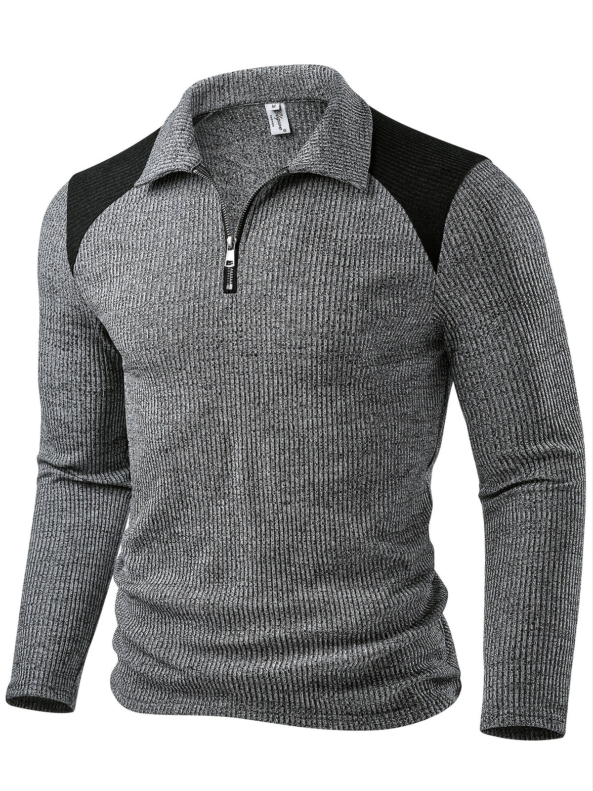 Men's Fashion Top, Autumn/Winter Outdoor Casual Textured Ribbed Fabric, Color-Block Crew Neck Zipper Patch Long Sleeve Men's Henley Shirt - Grey