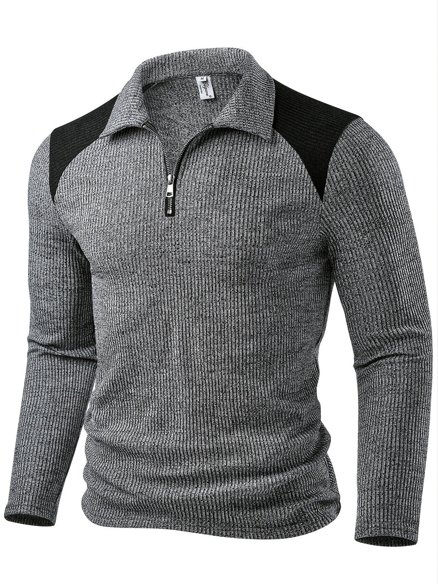 Men's Fashion Top, Autumn/Winter Outdoor Casual Textured Ribbed Fabric, Color-Block Crew Neck Zipper Patch Long Sleeve Men's Henley Shirt - Grey