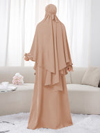 Women's 2pcs Modest Islamic Abaya & Khimar Suit - Elegant Full Coverage Prayer Dress with Headscarf, Pure Color Muslim Dress Suitable for Daily Wear, Hajj, Ramadan, Travel - Abaya Robe for Muslim Women - Yellowish-brown