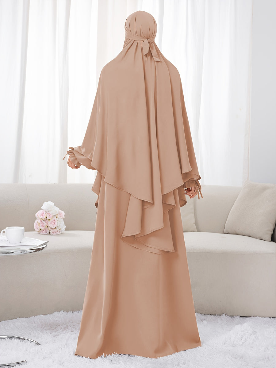 Women's 2pcs Modest Islamic Abaya & Khimar Suit - Elegant Full Coverage Prayer Dress with Headscarf, Pure Color Muslim Dress Suitable for Daily Wear, Hajj, Ramadan, Travel - Abaya Robe for Muslim Women - Yellowish-brown