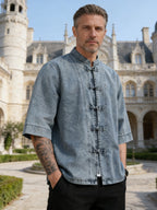 Zhiyu OBM New Chinese-Style Vintage Button-Up Denim Jacket, Chinese Tang-Style Shirt, Loose Fit Plus Size Mantou-Style Seven-Quarter Sleeve Hanfu Men's Top, Chinese Size, Please Check The Size Guide Carefully - Blue