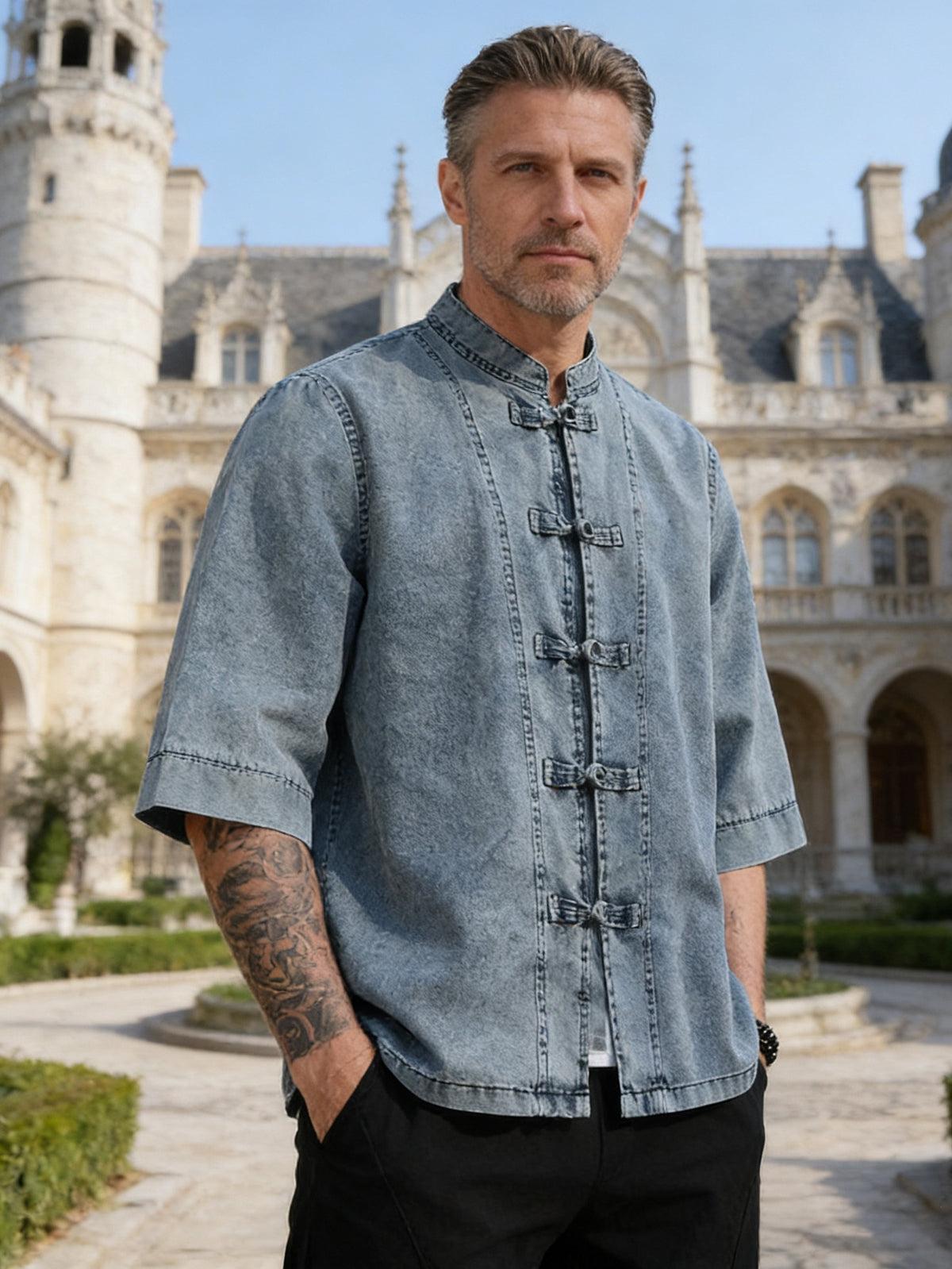 Zhiyu OBM New Chinese-Style Vintage Button-Up Denim Jacket, Chinese Tang-Style Shirt, Loose Fit Plus Size Mantou-Style Seven-Quarter Sleeve Hanfu Men's Top, Chinese Size, Please Check The Size Guide Carefully - Blue