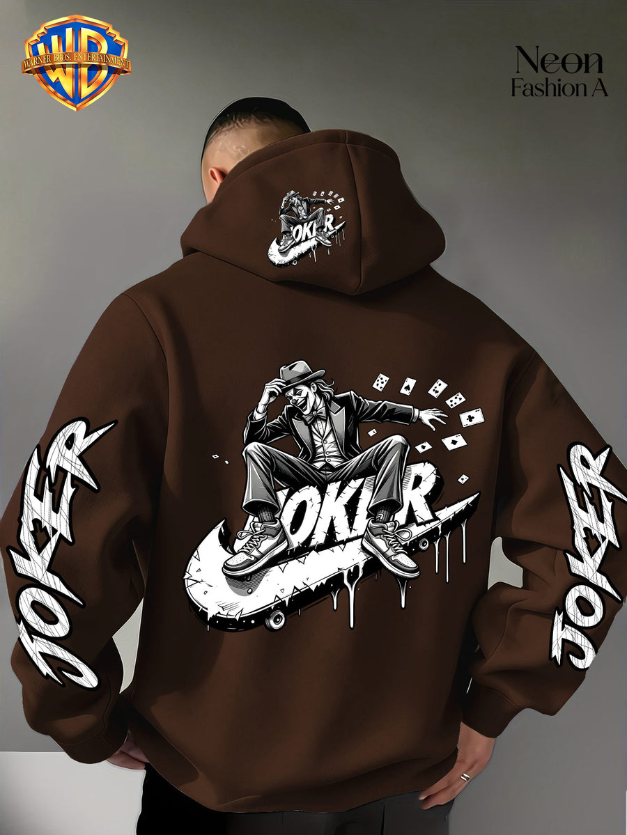 Warner Bros. Official Men'S Autumn Winter Trendy Print Hooded Fleece Sweatshirt, Long Sleeve Pullover Hoodie, Black And White Line Art Skateboard Joker Dripping Graffiti Trendy Print Pattern, Kangaroo Pouch And Drawstring Design - Coffee Color