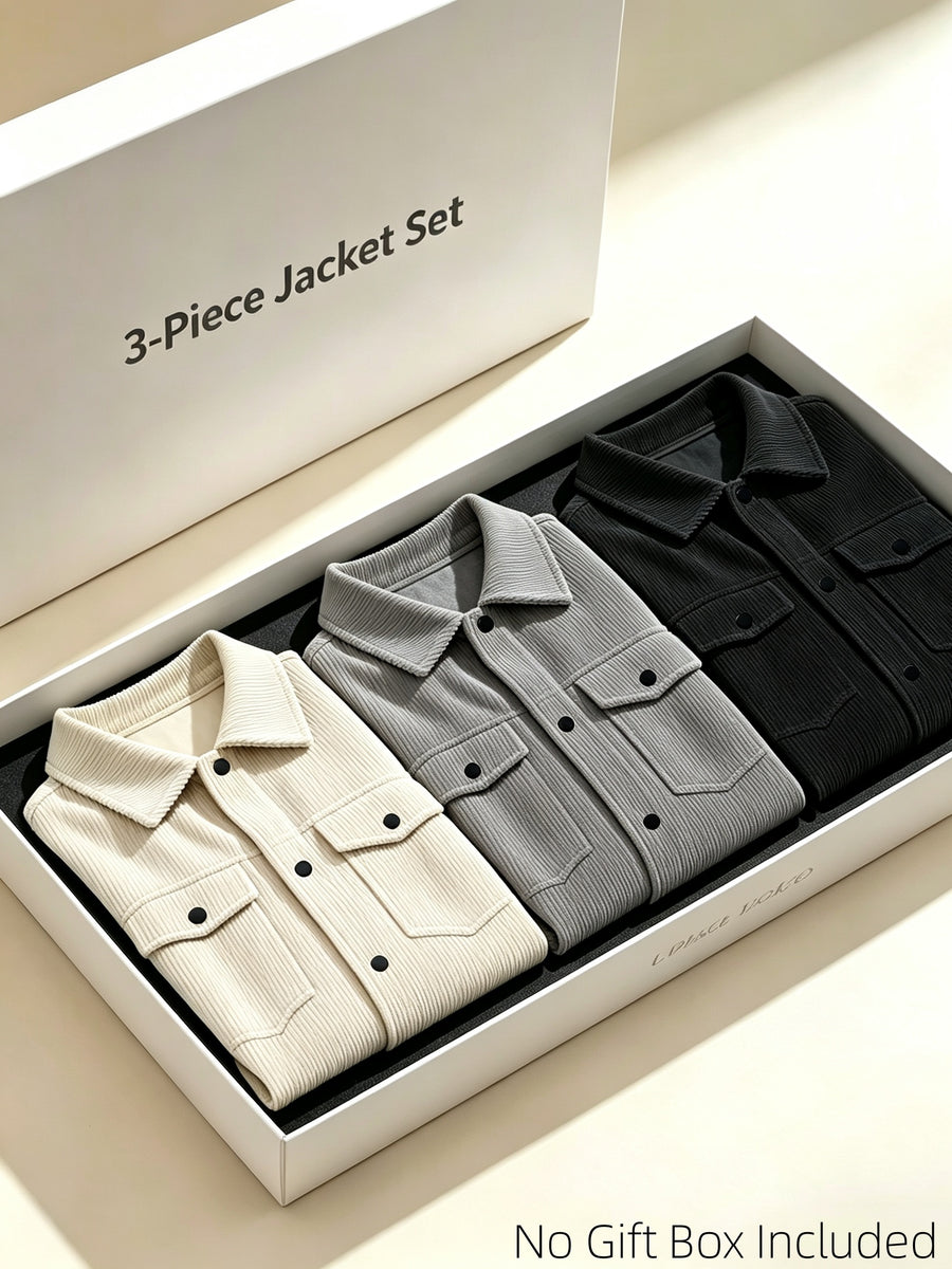 Men's Corduroy Lapel Jacket 3pcs Set, Multi-Pocket Single-Breasted Casual Shirt-Style Outerwear, Vintage Loose Fit Daily Commute Outfit Set, Gift Box Not Included - Apricot+Gray+Black