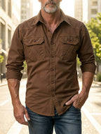Men'S Retro Denim Shirt Long Sleeve Fashion New Shirt Casual High-End Double Pocket Washed Denim Shirt Lapel Shirt Classic Blue Versatile Top Handmade Denim Popular Denim Shirt Men'S - Dark Brown