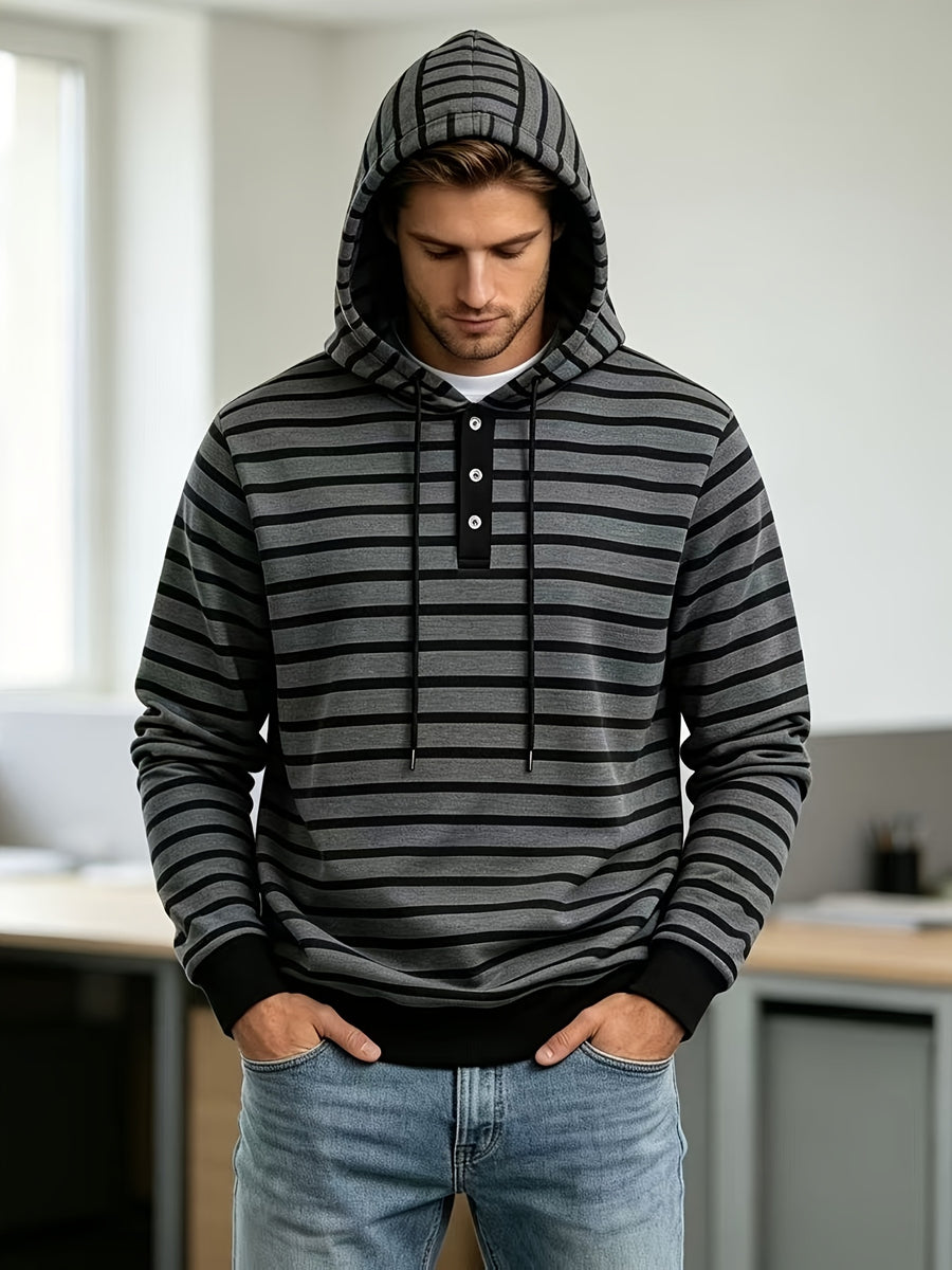 2026 New Men'S Striped Hooded Sweatshirt, Half-Button Drawstring Hoodie, Casual Long Sleeve Pullover Top - Dark Gray