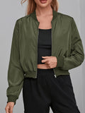 Elegant Women's Bomber Jacket - Casual Polyester, Machine Washable, Solid Color with Baseball Collar for Spring/Fall - Olive Green