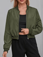 Elegant Women's Bomber Jacket - Casual Polyester, Machine Washable, Solid Color with Baseball Collar for Spring/Fall - Olive Green
