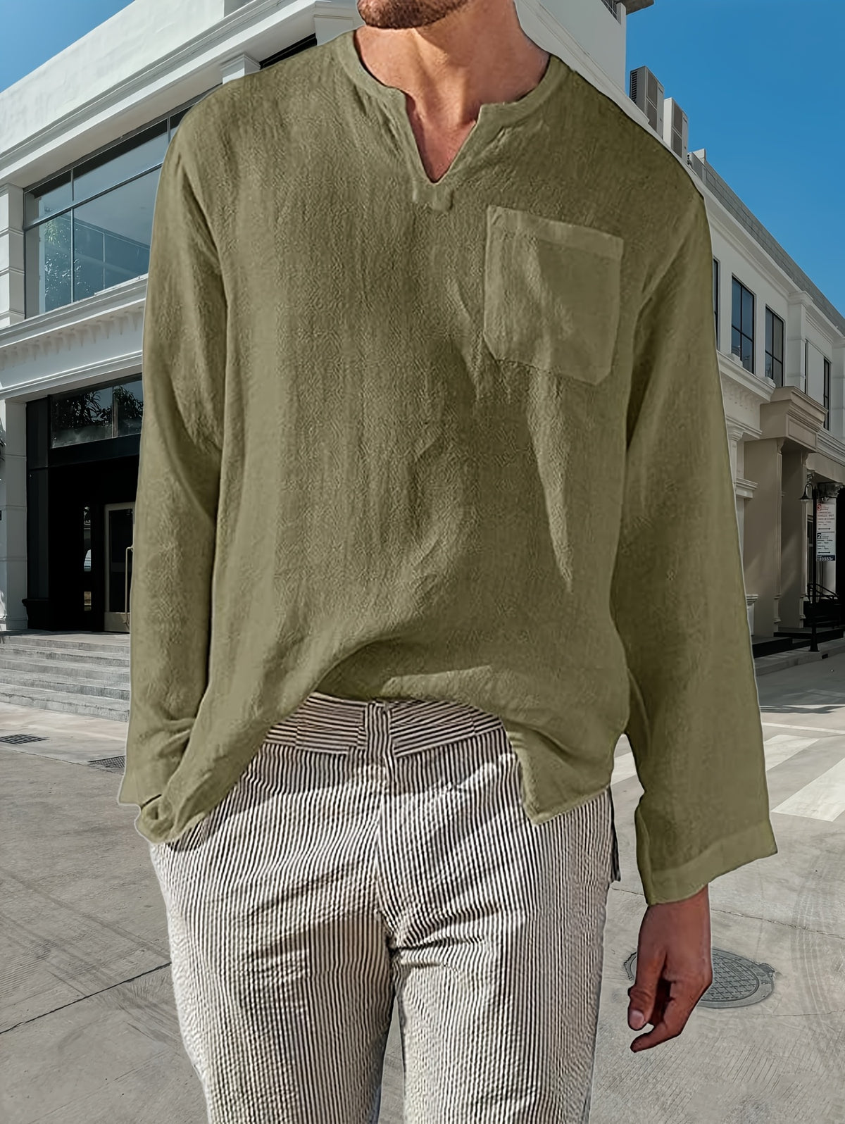 long-sleeved shirt Men's solid color V-neck casual shirt Men's gentle beach Hawaiian pullover breathable comfortable shirt - Olive Green