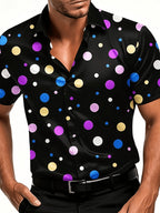 Fashion Retro Color-Block Black Background Colorful Polka Dot Men'S Short Sleeve Shirt, Summer Outing, Light Mature Style, Suitable for Daily Wear And Various Occasions - Mixed colors