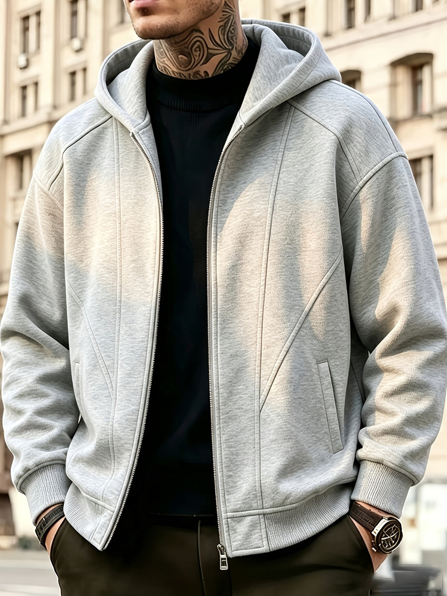 Men's Full-Zip Hoodie, Geometric Patchwork Loose Fit Long Sleeve Hooded Sweatshirt, Casual Streetwear Outerwear with Side Pockets, Thick and Soft Fabric Jacket, Suitable for Daily Walks, Gym, Sports, Outings, and Urban Streetwear - Light Grey