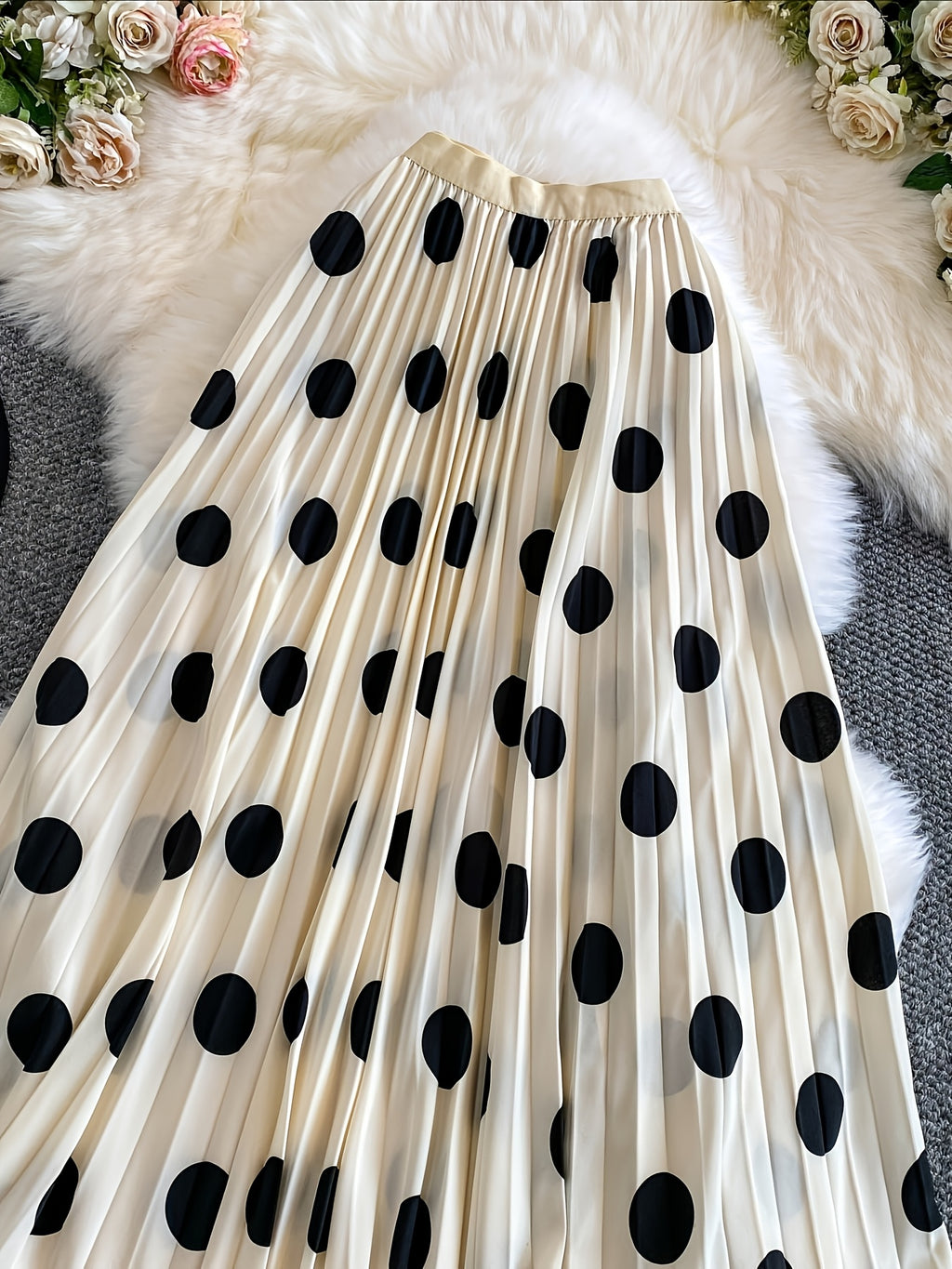Women'S Elegant Pleated Long Skirt, Fashionable Versatile Polka Dot Half Skirt - Apricot