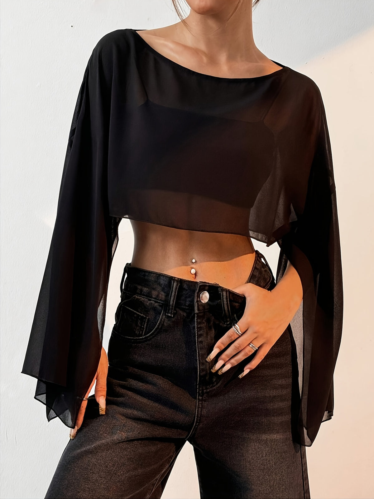 Women'S Solid Color Round Neck Batwing Sleeve Loose Short Shirt, Spring Summer Beach Cover-Up Top - Black