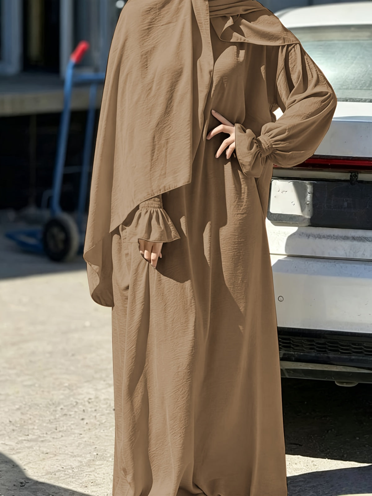 1pc Ice Wrinkled Fabric Scarf And Robe Abaya Khimar Loose Cuff Design Easy Fashion Suitable for Women'S Daily Wear And Prayer All Seasons - Khaki