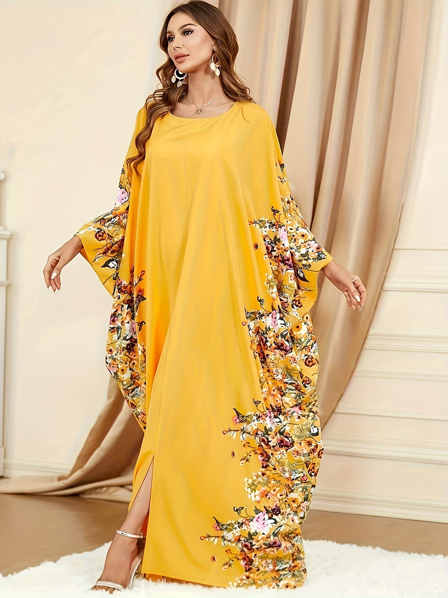 Elegant Batwing Sleeve Maxi Dress for Women - Lemon Yellow