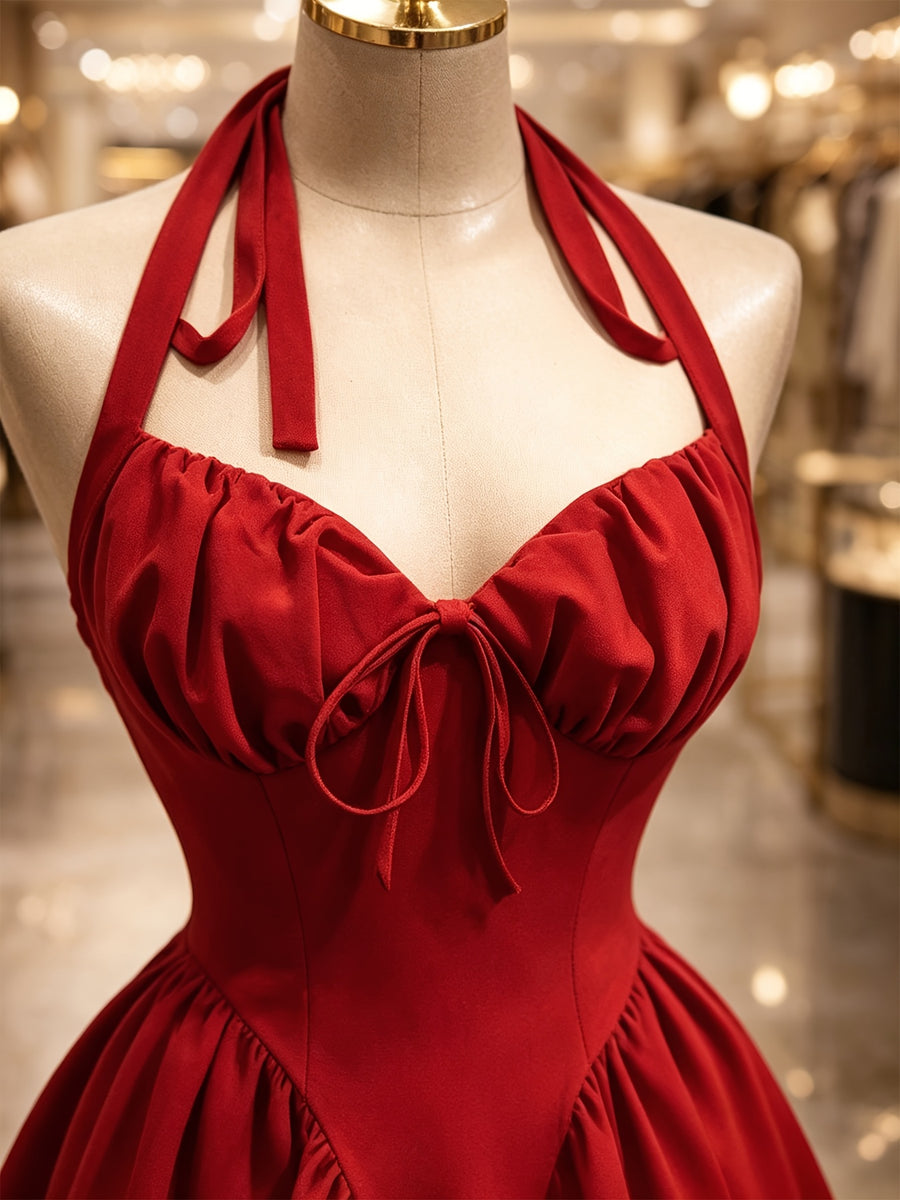 Women'S Elegant Solid Color Halter Neck Back Tie-Up Ruched Bust Waist-Cinching Slim Fit Flared Dress Suitable for New Year Valentine'S Day Party Graduation Gift Wedding Engagement Date Evening Banquet Bridesmaid Gown - Red