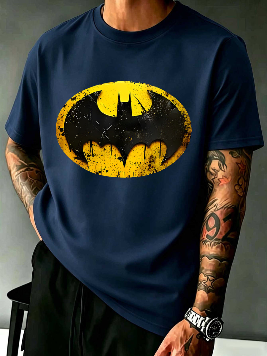 Warner Licensed DC Distressed Bat Symbol Embedded Gotham City Silhouette Print Loose Round Neck Short Sleeve T-Shirt - Navy Color