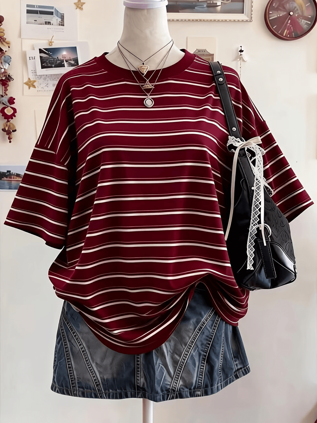 Women'S Red And White Striped Round Neck Short Sleeve T-Shirt, Casual Athletic Fashion Statement Top - Mixed colors