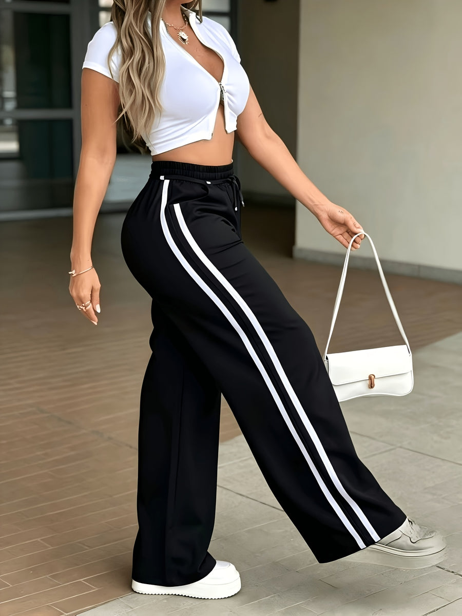Women's Elastic High-Waist Drawstring Side Seam Drawstring Accent Casual Pants - Black