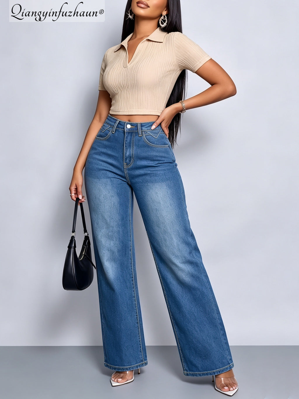 Women's Ombre Light Blue High-Waist Wide-Leg Jeans, Stretchy Vertical Loose Straight-Leg Trousers, Versatile Pants for Leg Shaping, Commuting, Casual Outings, and Travel - Light Blue
