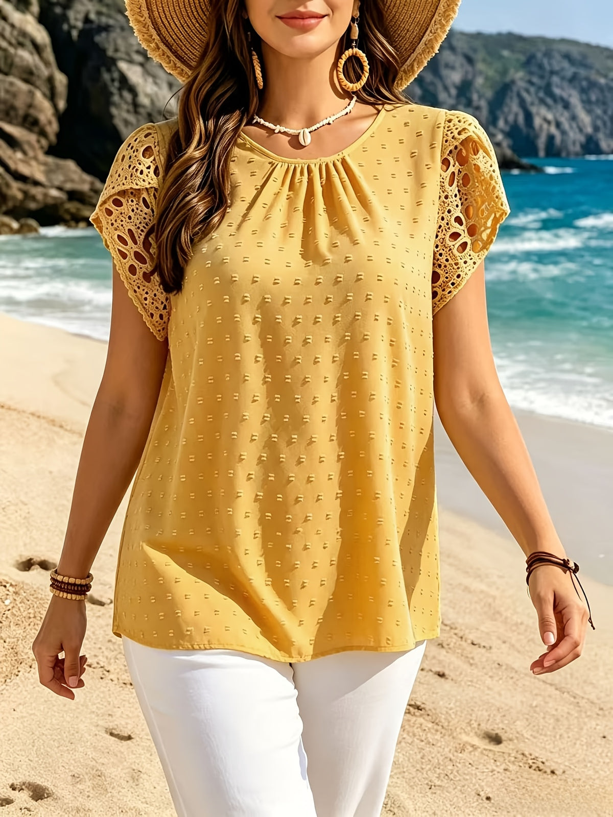 New Fresh Vacation Style, Swiss Dots, Grommet Cuffs, Lace Trim Patchwork, Soft and Comfortable - Lemon Yellow