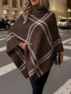 Elegant Special "Pure Body Bust" 1pc Elegant Women's Plaid High-Neck Pullover Shawl, Side Faux Button Decoration, Asymmetrical Hem Design, 100% Polyester, Fashionable Vintage Pullover, Elegant Outerwear for Autumn and Winter. Suitable for Spring - Coffee Color