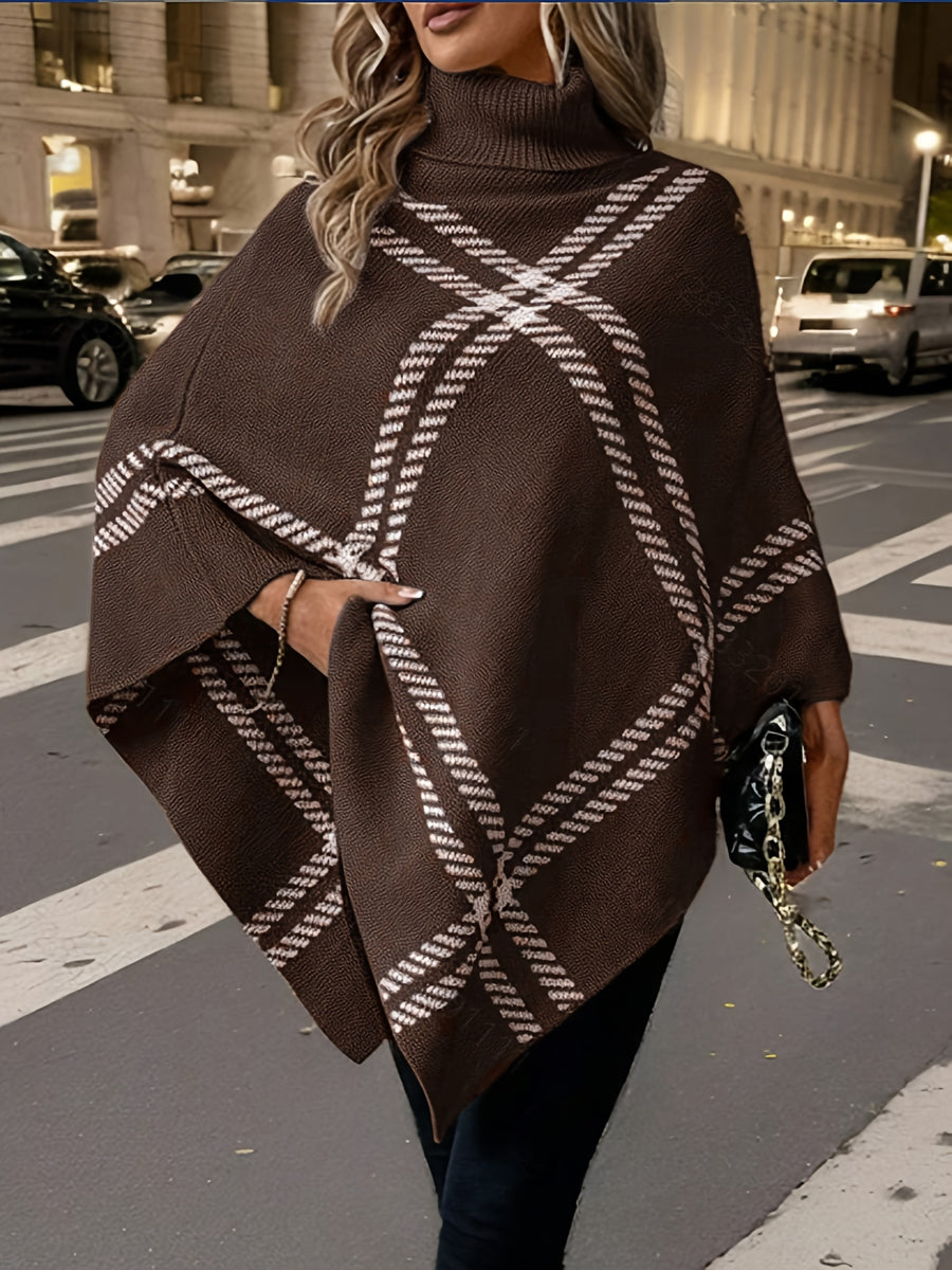 Elegant Special "Pure Body Bust" 1pc Elegant Women's Plaid High-Neck Pullover Shawl, Side Faux Button Decoration, Asymmetrical Hem Design, 100% Polyester, Fashionable Vintage Pullover, Elegant Outerwear for Autumn and Winter. Suitable for Spring - Coffee Color