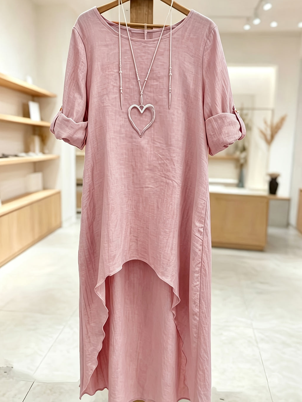 Women' Elegant Asymmetric Oversized Shirt - Loose Fit Long Sleeve Round Neck Blouse with Short Front & Extended Back Length, Layering Piece Suitable for Spring/Fall, Casual to Dressy Wear (No Stretch) - Pink Color