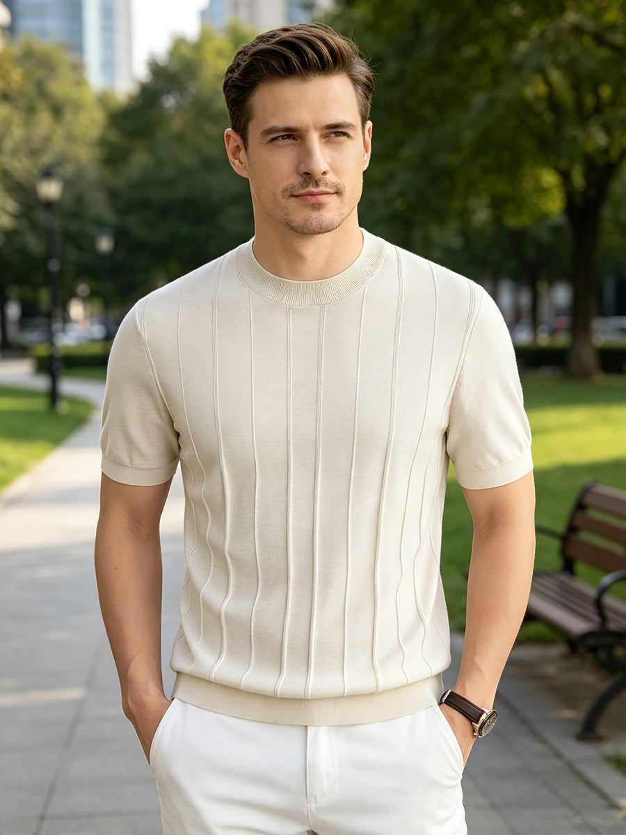 2026 Summer New Laysier And Linen Men'S Textured Vertical Pock-Dot Knit Short Sleeve Light Business Gentleman All-Match Round Neck Solid Color Casual T-Shirt - Ivory White